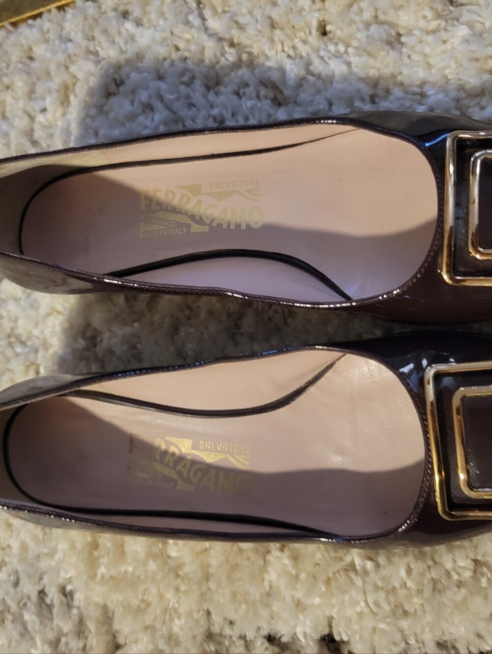 Salvatore Ferragamo Dark Brown Patent Leather Flats with Gold Buckle - Picture 14 of 16